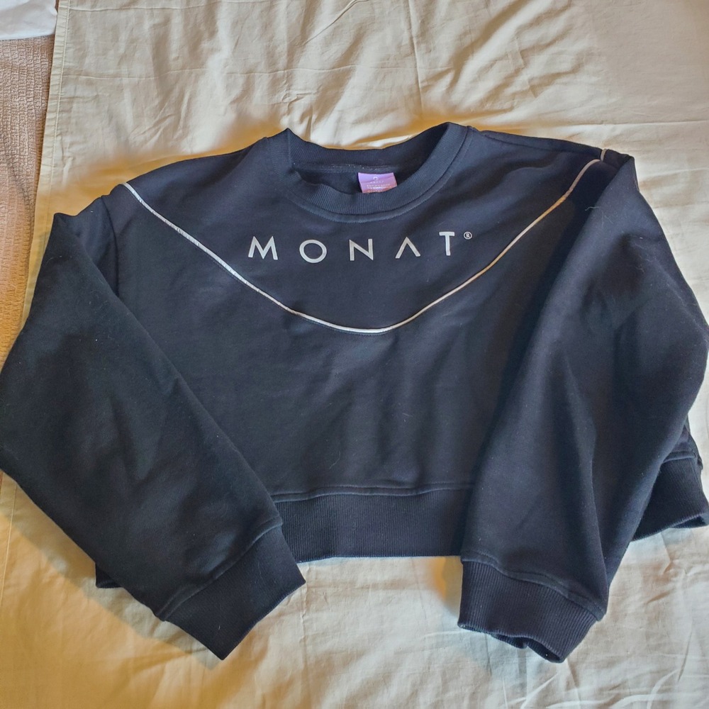 Monat Womens Black Cropped Sweatshirt Logo Silver Piping Cotton Pullover Large